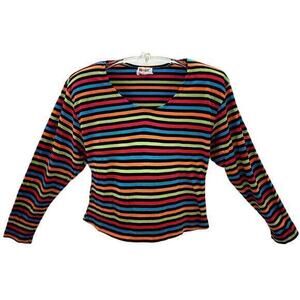 Rocket 80s Vintage Multi Bright Color Stripe Long Sleeve Stretchy T Shirt Blouse